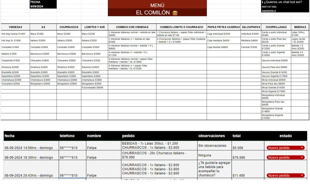 menu chatbot lee excel