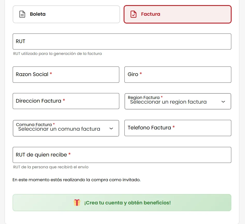 Selector de boleta y factura electrónica con validación de RUT integrada en el checkout