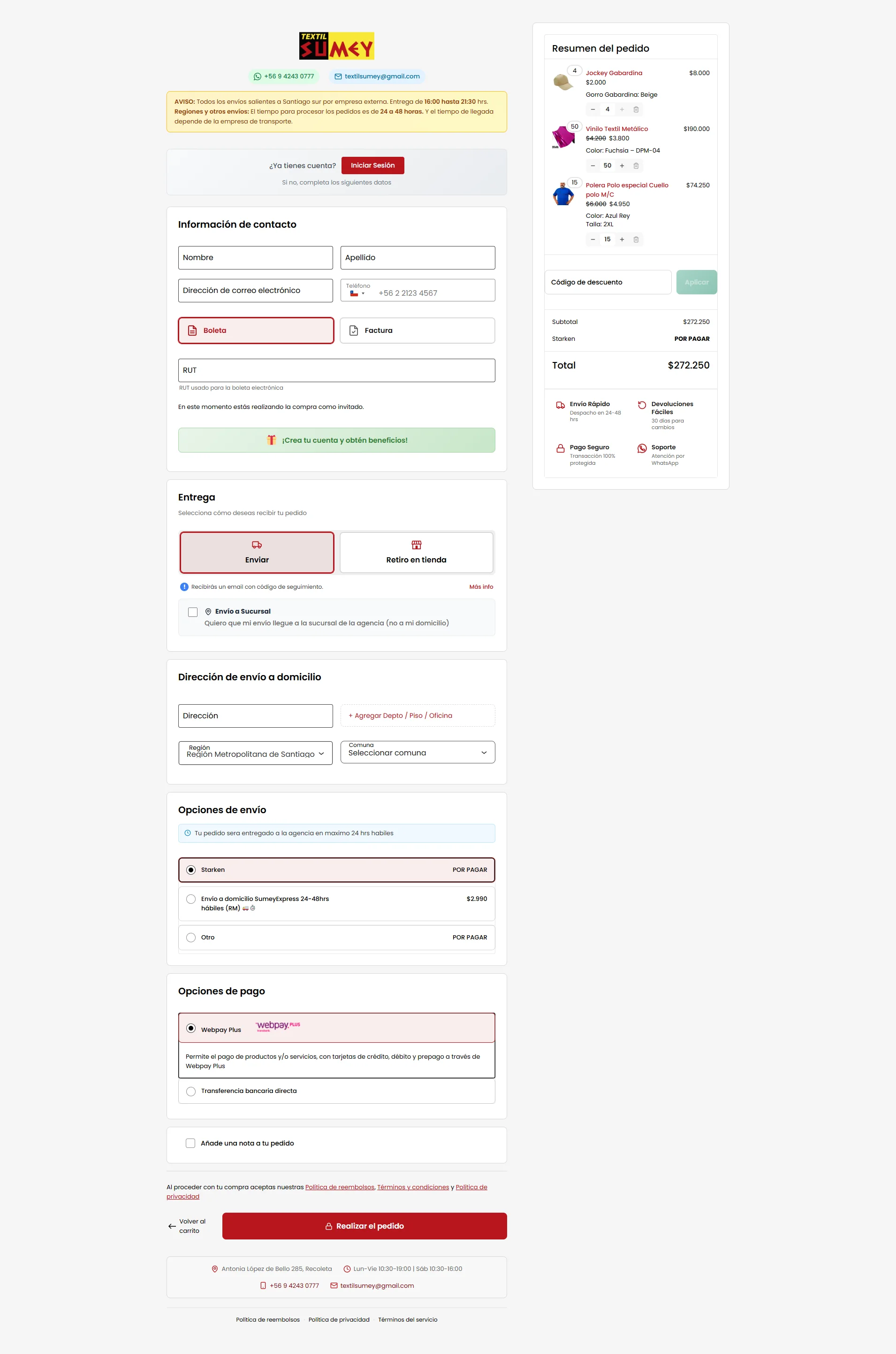 Checkout completo de tienda SuperPyme con envío, boleta/factura y pago WebPay integrado