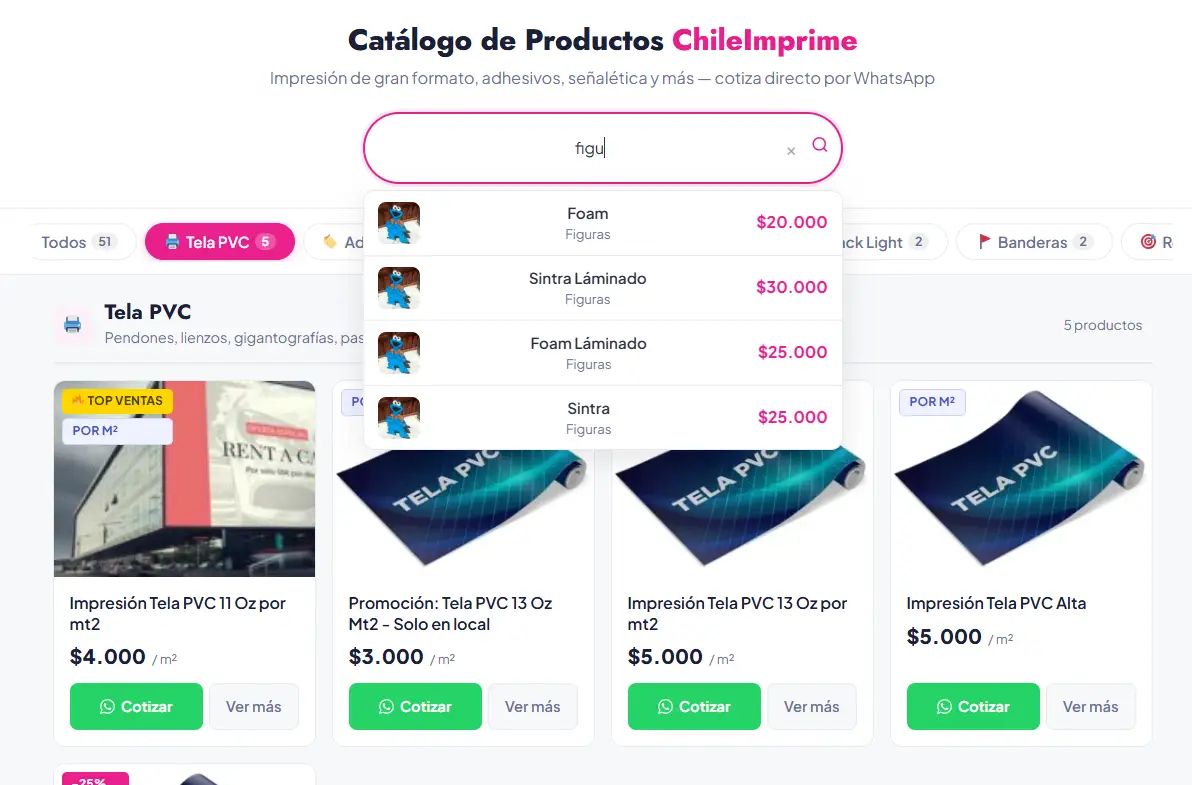 Catalogo de productos Chileimprime: sistema a medida con gestion de servicios de impresion