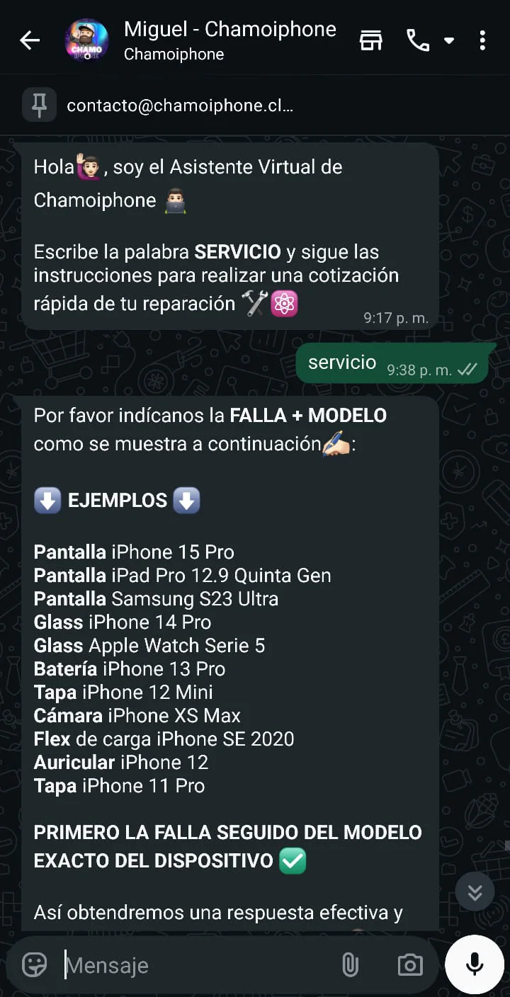 Bot WhatsApp Chamoiphone: respuesta instantánea de precios de repuestos