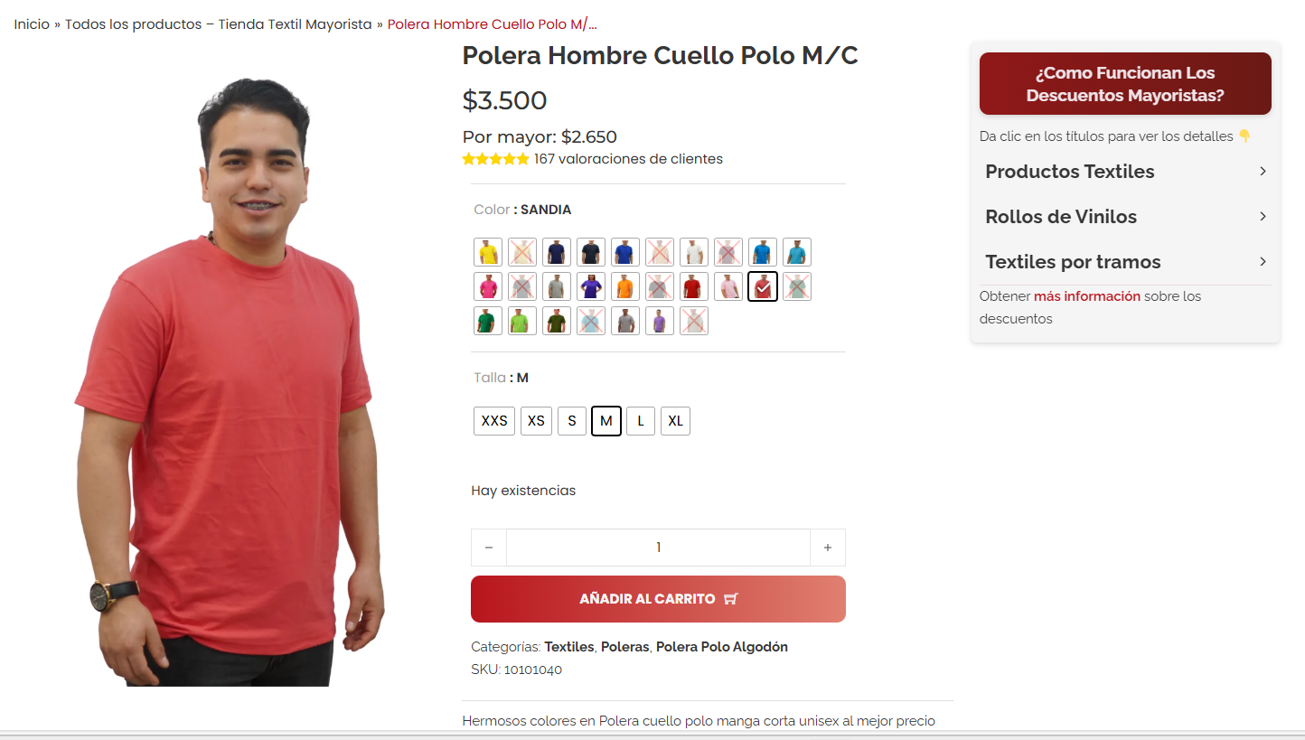 Página de producto con selector de colores, tallas y precio mayorista en tienda SuperPyme