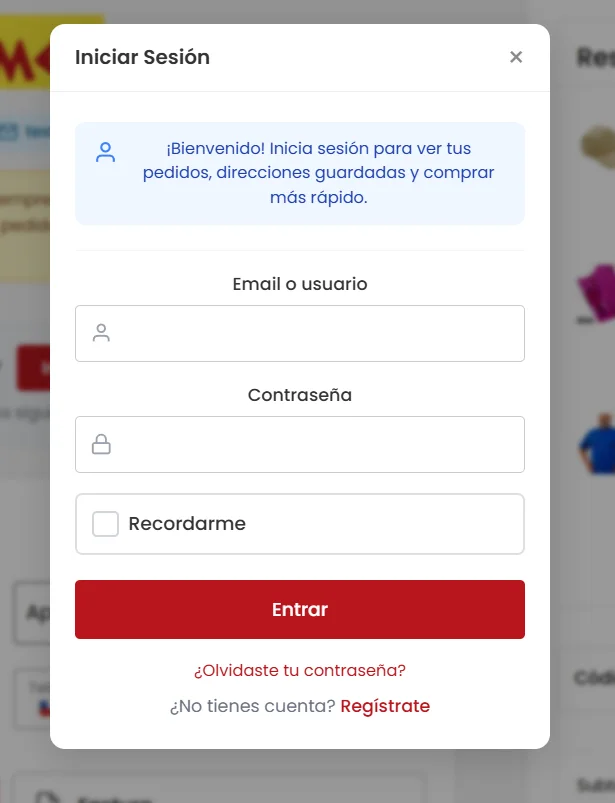 Popup de inicio de sesión sin salir del checkout, con registro y fecha de cumpleaños