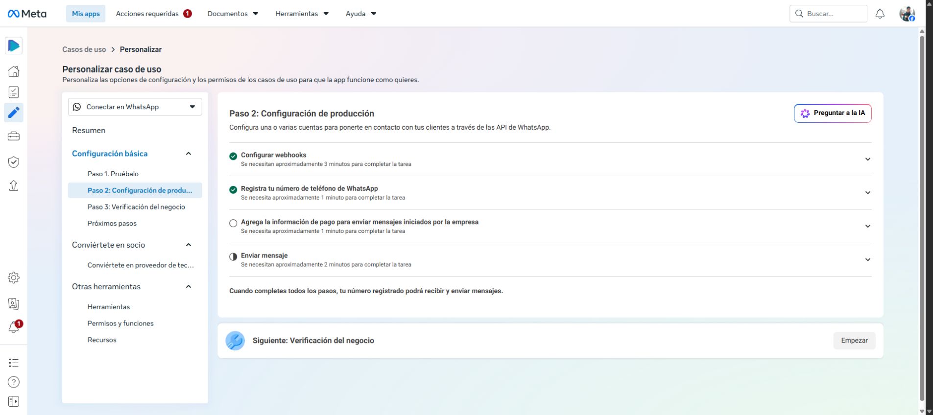 Configuración de producción de WhatsApp con el webhook verificado para SuperPyme