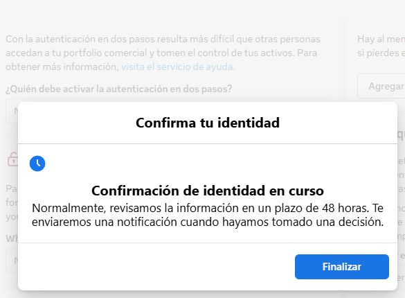 Cómo verificar tu negocio en Meta Business desde Chile: guía 2026 2 Confirmación de identidad en curso dentro de Meta Business Suite