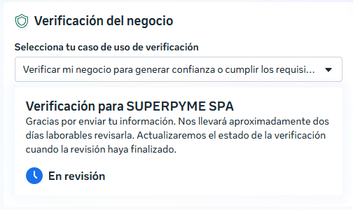 Cómo verificar tu negocio en Meta Business desde Chile: guía 2026 4 Meta Business muestra la verificación de SuperPyme SpA con estado En revisión