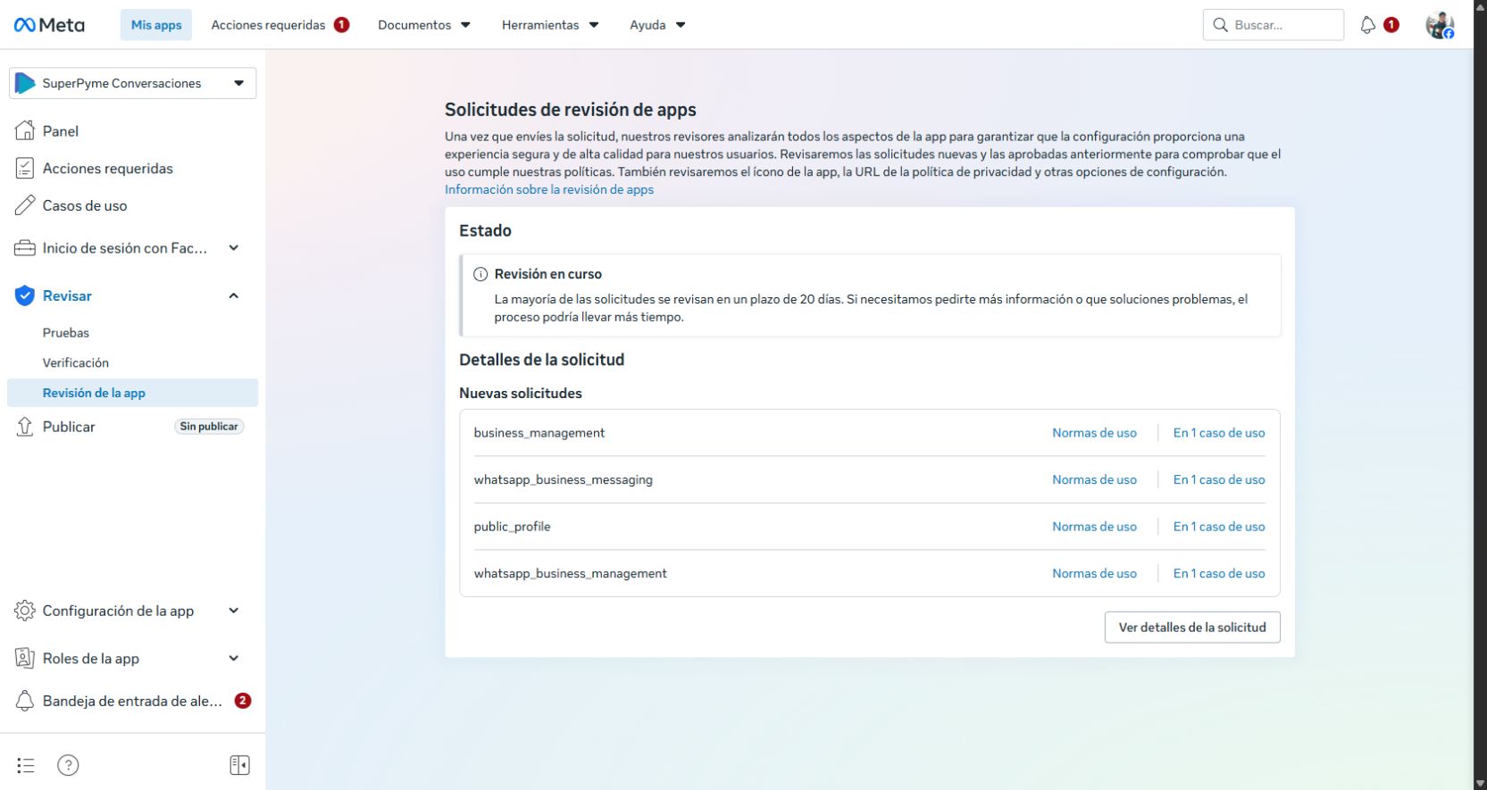 Solicitud de App Review de SuperPyme Conversaciones en estado Revisión en curso