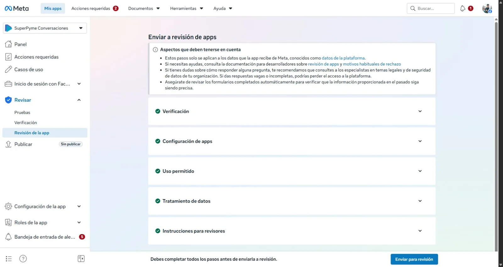 Cómo convertirse en proveedor tecnológico de WhatsApp en Chile: caso SuperPyme 9 Formulario de revisión de Meta con verificación, configuración, uso permitido, tratamiento de datos e instrucciones completados