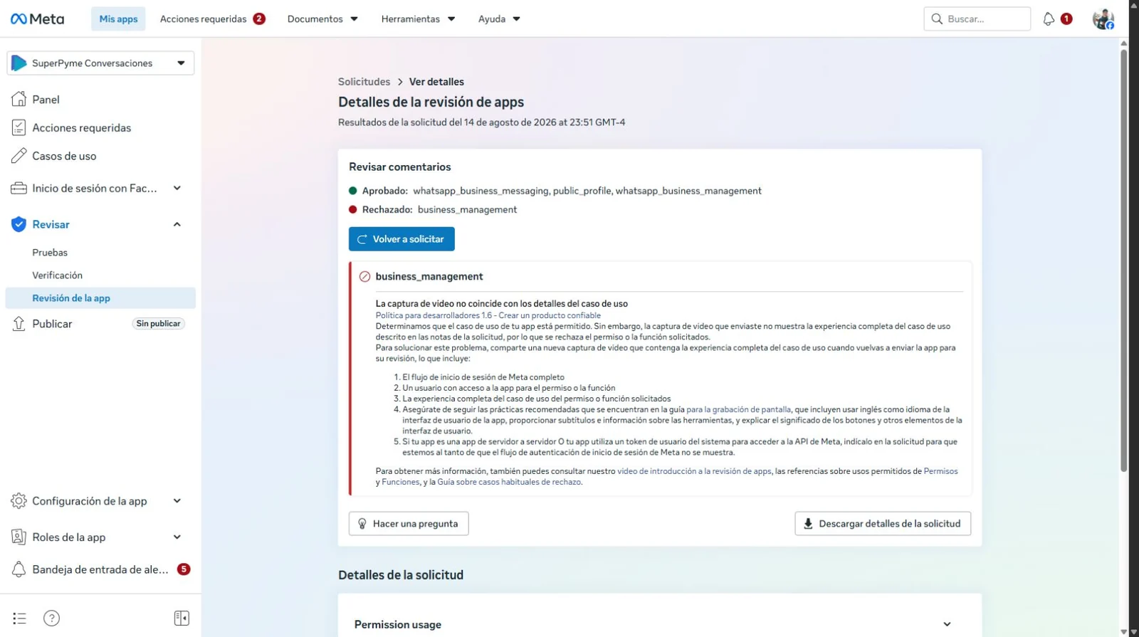 Cómo convertirse en proveedor tecnológico de WhatsApp en Chile: caso SuperPyme 6 Resultados de App Review de Meta para SuperPyme con tres permisos aprobados y business_management pendiente