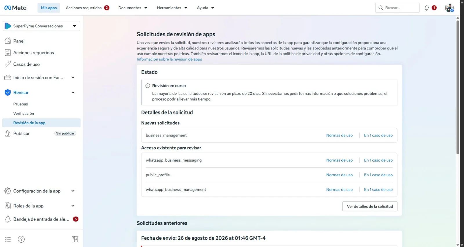 Cómo convertirse en proveedor tecnológico de WhatsApp en Chile: caso SuperPyme 10 Solicitud corregida del permiso business_management en estado Revisión en curso en Meta