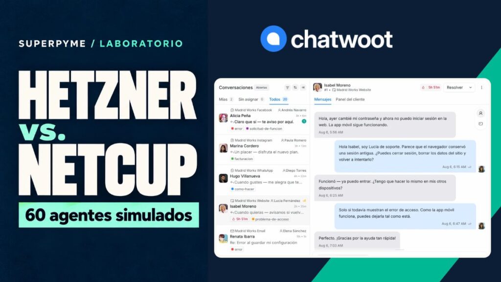 Portada de la prueba de Chatwoot en Hetzner y Netcup con 60 agentes simulados y una captura de demostración de su interfaz en español.