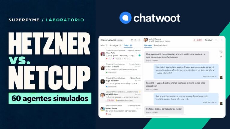 Portada de la prueba de Chatwoot en Hetzner y Netcup con 60 agentes simulados y una captura de demostración de su interfaz en español.