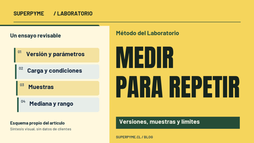 Portada sobre Método del Laboratorio: Medir para repetir. Un ensayo revisable: Versión y parámetros, Carga y condiciones, Muestras, Mediana y rango.