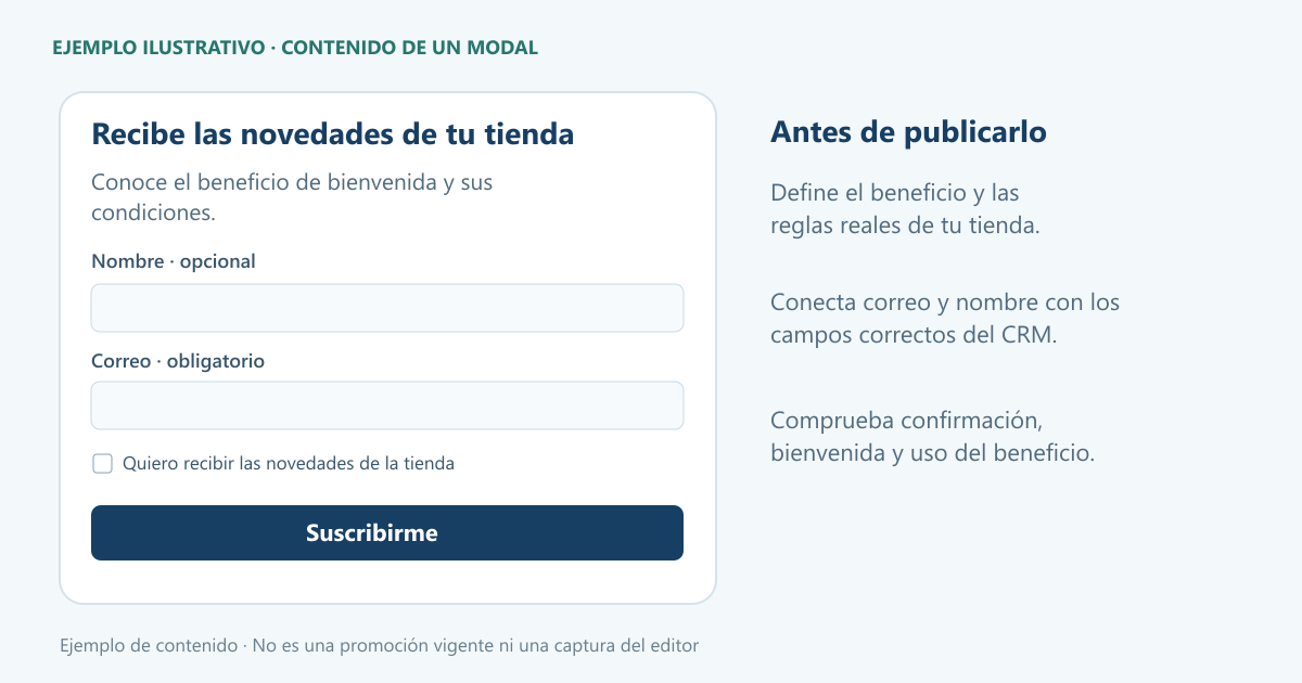 Esquema de un modal con nombre, correo y suscripción