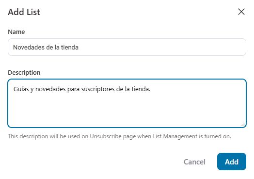 Formulario para crear una lista de novedades